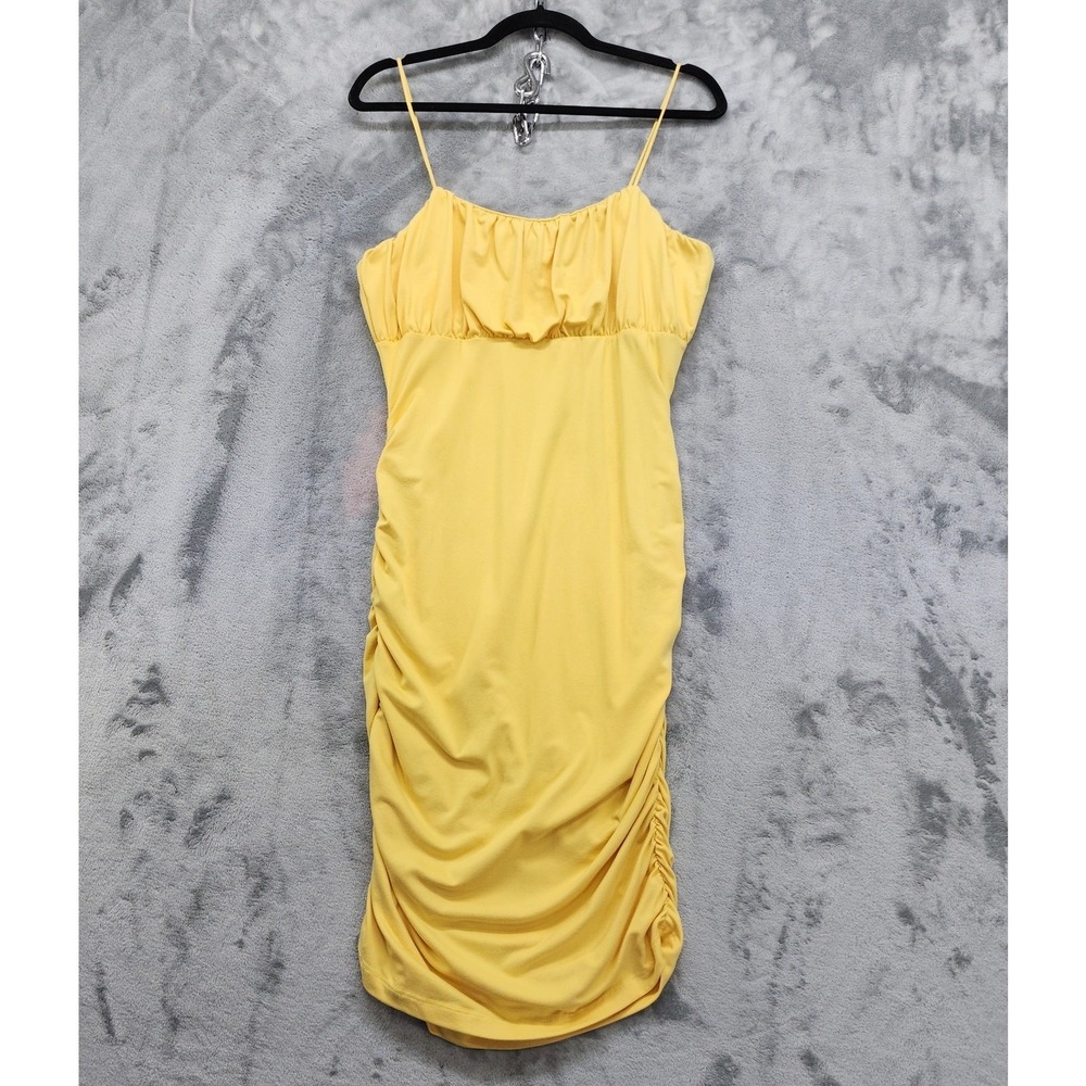 Rue 21 Dress Size L Yellow Spaghetti Straps Side Ruched Bodycon Midi Stretch